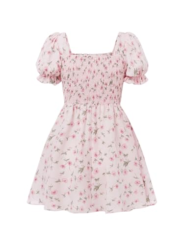 SHENHE Girl's Floral Puff Sleeve Ruched Frill Trim Shirred A Line Boho Flared Dress2
