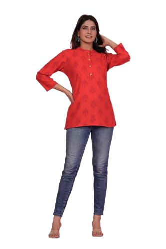 Image of Women's Red Printed Short Kurti Top with 3 /4 Sleeves