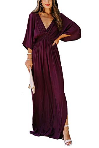 Meenew Women's Summer Maxi Dress Plunge V Neck Long Vacation Dress with Slit XL Burgundy