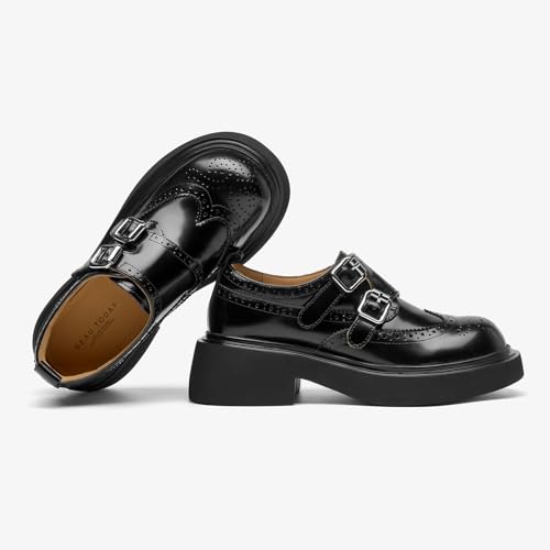 Image of BEAU TODAY Womens Leather Loafers, Monk Strap Womens Loafers, Business Casual Office Shoes, Brogue Wingtip Slip-on Dress Shoes