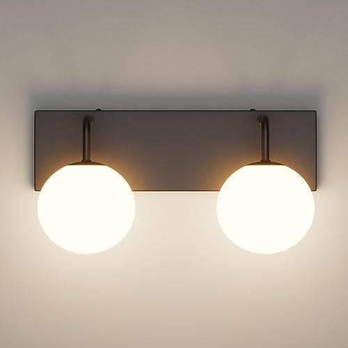 Image of Tipace Black Vanity Light Fixtures, 2-Light Modern Bathroom Light Over Mirror with White Milk White Globe Glass for Bathroom (Exclude Bulb)