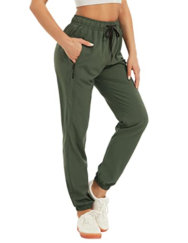 SPECIALMAGIC Womens Jogging Pants with Pockets Ladies Hiking Jogger Running Lounge Pants Elastic Cuffs Army Green L Large