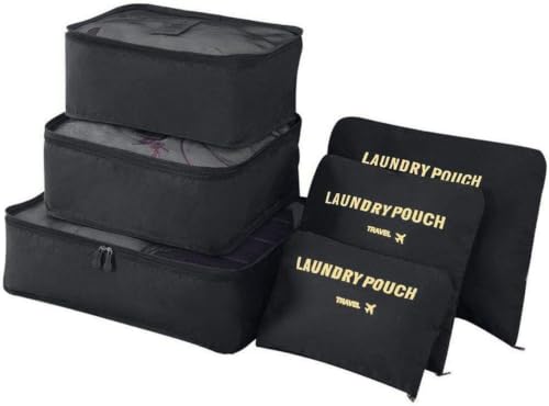 Image of Travel Organizer Pouch Set of 6, Space Saver Packing Cubes for Suitcase, Clothes, Underwear, Socks and Shoes (Black)