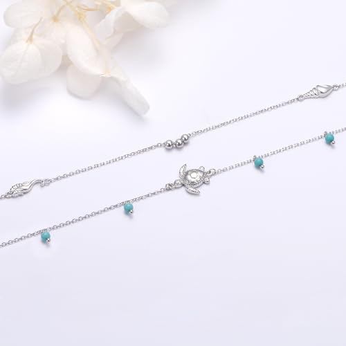 Image of Flyow Anklet for Women S925 Sterling Silver Adjustable Foot Beaded Heart Charm Ankle Bracelet Anklets Jewelry