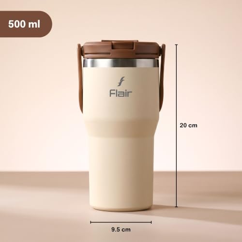 Image of FLAIR Rage Vacuum Insulated Coffee Tumbler 500 ml Beige | 2-in-1 Lid (Straw & Sip)| 304 Double Wall Stainless Steel | Leak-Proof Lid | Hot & Cold Travel Mug with Handle | BPA-Free
