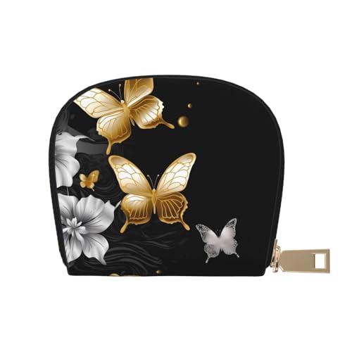 Gold White Butterflies Black Credit Card Holder Wallet, Leather Zipper Card Wallet For Women Ladies Rfid Blocking Card Case Small Coin Purse Accordion Wallet Gift
