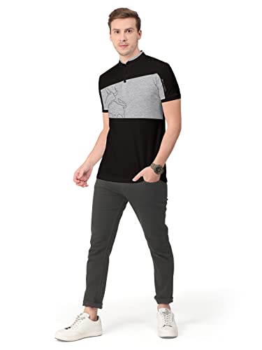 Image of BULLMER Mens Cotton Henley Neck /Chinese Collar Tshirt - Black /Grey X-Large