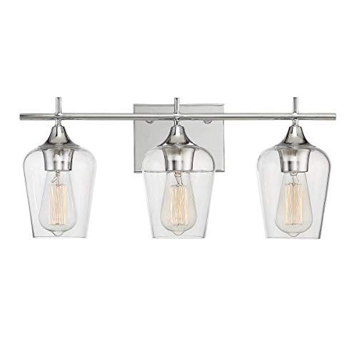 Best Cyber Monday 🔥 Modern Farmhouse 3-Light Industrial Bathroom Vanity Light Over Mirror, Wall Sconce for Makeup Dressing Table, Bath Bar Clear Glass Shade, in a Chrome Finish (9.5" H x 20" W)