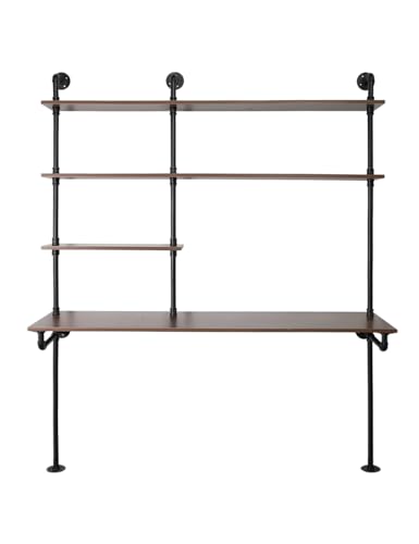 OLDRAINBOW Industrial Pipe Computer Desk with Shelves,Wall Mounted Laptop Desks for Small Spaces,59 inch Bookshelf Narrow Writing Desk with Floating Shelves