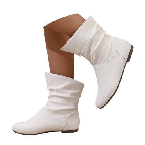 Women's Flat Mid Calf Boots Low Heel Booties Fall Slouchy Boots Fashion Casual Pointed Toe Flat Leather Short Boot Women Classic Wide Width Comfortable Slip-On Ankle Booties