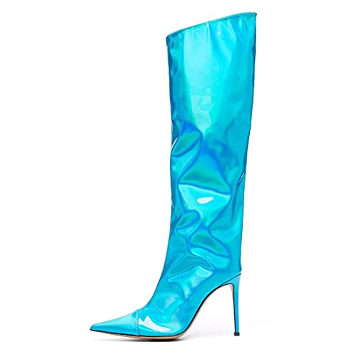 Image of Arqa Knee High Boots for Women Wide Calf 4 in Stiletto High Heel Metallic Boots Winter Chrome Zipper Long Boots Dressy Party Shoes