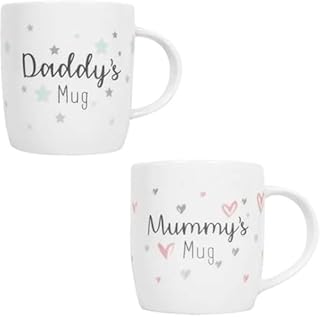 New Parents Mugs Mummy Daddy Newborn 12oz Bone China Luxury New Born Celebration Mug, Set of 2, For Home Kitchen Office