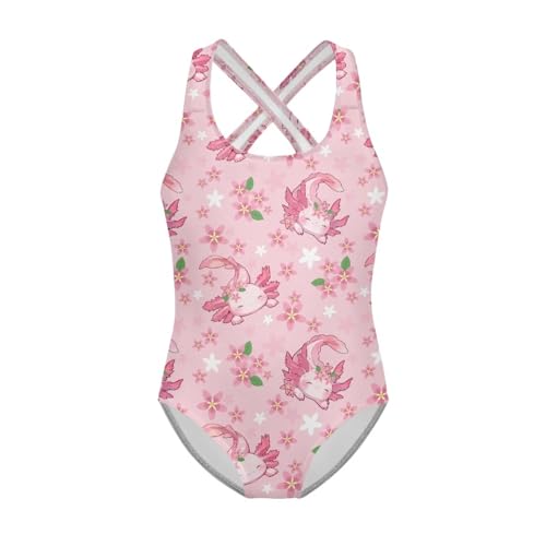 Image of Girls One Piece Swimsuit Axolotl Cross Back Straps Bathing Suit Lightweight Quick Dry Gymnastics Leotard