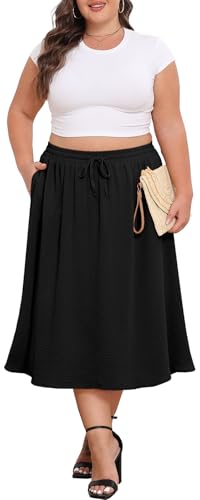 Lastshe Women's Plus Size Midi Skirts Elastic High Waisted Casual Loose Boho A-Line Flowy Skirt with Pockets