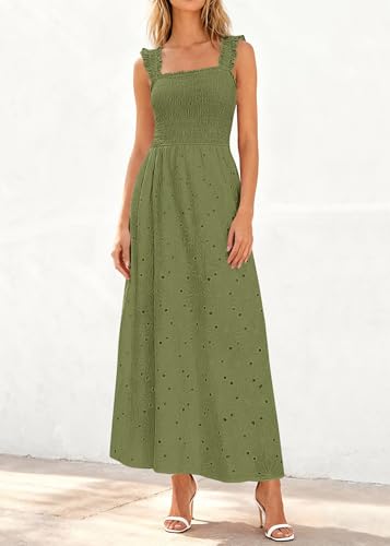 Image of KIRUNDO Summer Lace Dress for Women Eyelet Maxi Sundress | Boho Sleeveless Cotton Flowy Long Dresses, Wedding Guest, Beach Vacation, Baby Shower Guest Dress, Smocked Bust, With Pockets
