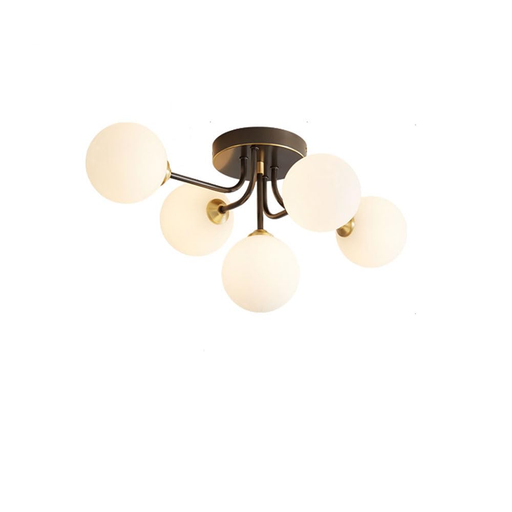 LYMSXAZOU Mid Century 5-Light White Glass Globe Ceiling Light Fixture - Vintage Semi Flush Mount Chandelier for Bathroom, Hallway, Living Room, and More(White B)