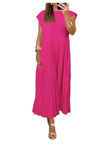 Image of GORGLITTER Women's Pleated Flowy Chiffon Church Dresses Elegant Summer Short Sleeve Wedding Guest Maxi Dress Outfits