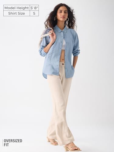 Image of The Souled Store Textured Shirt: Women and Girls Full Sleeves Spread Collar Solid Textured Viscose Nylon Relaxed Fit Lightweight Summer-Ready Casual Wear Shirts