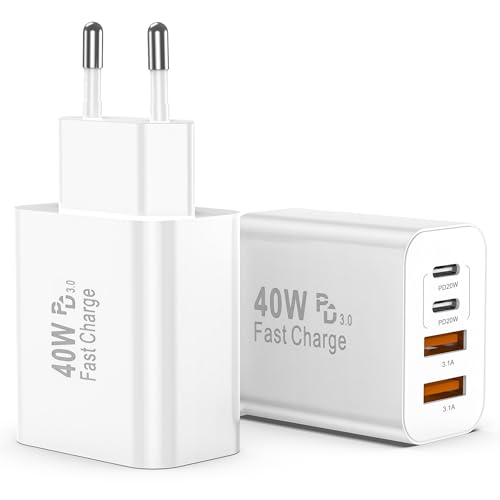 USB C Charger, 40W Multiport iPhone Charger Fast Charge Block with 4 Ports - 2 x USB-C and 2 x USB-A, Multiple Wall Charger Adapter for iPhone 16/15/14/13/12/11 Pro Max XS XR 8, iPad, Samsung, 2 Pack USB C Charger, 40W Multiport iPhone Charger Fast Charge Block with 4 Ports - 2 x USB-C and 2 x USB-A, Multiple Wall Charger Adapter for iPhone 16/15/14/13/12/11 Pro Max XS XR 8, iPad, Samsung, 2 Pack