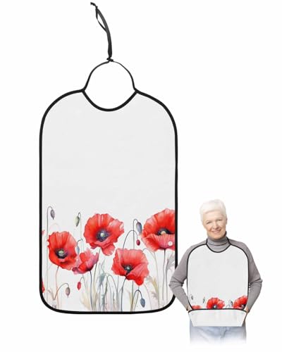 Red Flower Watercolor Adult Bib for Adults Men, Women, Spring Botanical Plant Modern White Washable & Adjustable Terry Cloth Bib with Crumb Catcher Reusable Waterproof Clothing Clothes Protector Apron
