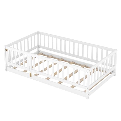 Image of Bellemave Twin Size Kids Montessori Floor Bed with Door,Solid Wood Floor Bed Frame with Slats and High Fence for Kids,Girls,Boys,White