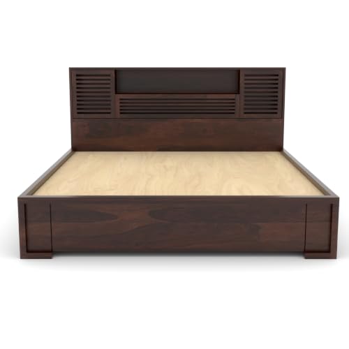 Image of Kunjal Furniture Solid Sheesham Wood Bed with Headboard & Box Storage - Handcrafted Wooden Bed for Bedroom - Ideal for Home (Flyding Walnut, King Size)