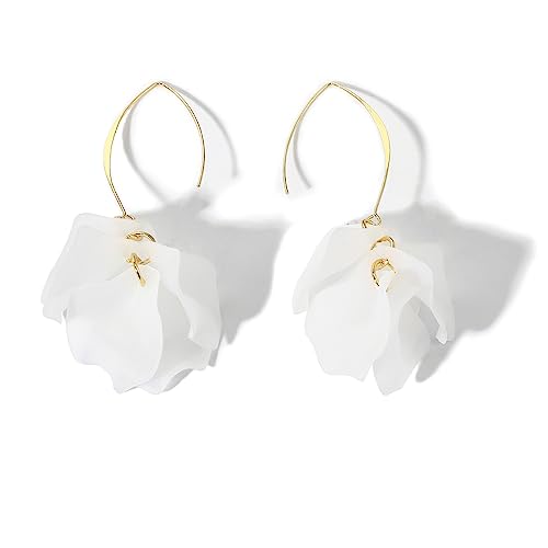 White Flower Hoop Drop Earrings, Floral Earrings For Women Dangling Kelmall Collection #TOP6