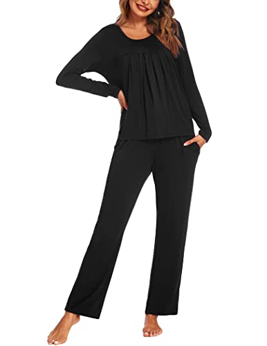 Ekouaer Pyjama Femme Ensemble Pantalon Coton Vêtements De Nuit Chaud Pyjama 2 Pièces Poche Élastique, Noir, XXL Cover