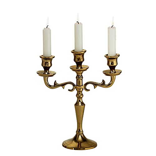 Hamptons Three Arm Gold Candelabra, Hand Crafted Of Aluminum, 10.25 Inches High, Weighted Null #TOP9