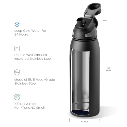 Image of Fjbottle Insulated Stainless Steel Water Bottle, 32 Oz Leakproof Water Bottles, Ice Reusable Tumbler, Double Wall Vacuum Jug, Lightweight Durable for Traveling & Sports, Workout, Blackgray