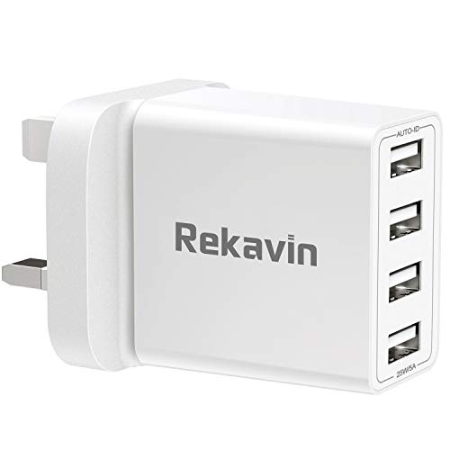 USB Plug UK Mains Charger,Rekavin Multi USB Plug Adaptor UK 4 Port/5A Phone USB Wall Charge Power Adapter Fast Charging for iPhone 13 12 11 pro Max 10 XS XR X 8 7 6 6S Plus 5S 5C SE,Samsung,ipad
