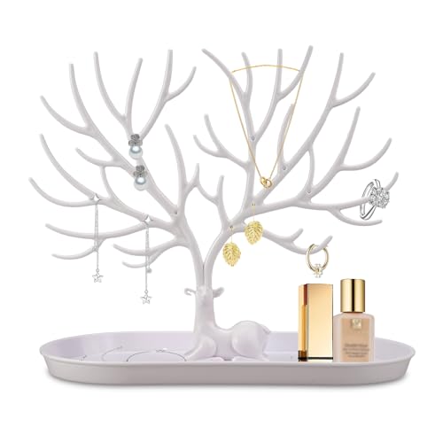 Arbre a Bijoux En Bois de Cerf avec Plateau 2 En 1 Support Boucle D'Oreille en Plastique, Porte Bijoux Femme, Porte Boucles D'Oreilles Présentoir Collier pour Colliers, Bracelets, Bagues (Blanc)