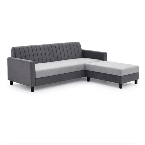 Image of CASASTYLE Korion 4 Seater L Shape Sofa Set with Movable Ottoman | Flexible Left or Right Layout | Cozy Velvet Fabric | Soft Touch Seating | Modern Designer Sofa for Living Room (Dark Grey-Light Grey)