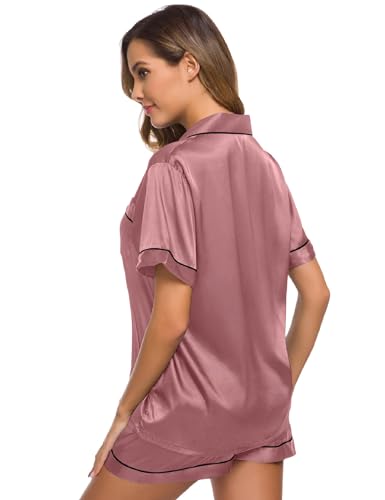 Image of SWOMOG Womens Silk Satin Pajamas Set Short Sleeve Sleepwear Button Down Top and Shorts Loungewear 2 Piece Pjs Set XS-3XL