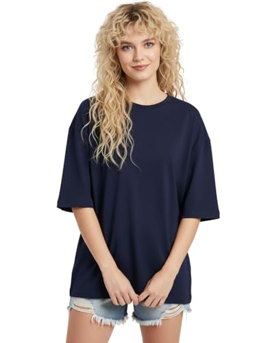 Image of LEOTUDE Women's cotton Oversized Fit Oversized Half Sleeve Tshirt, Round Neck Longline Drop Shoulder Solid T-Shirt