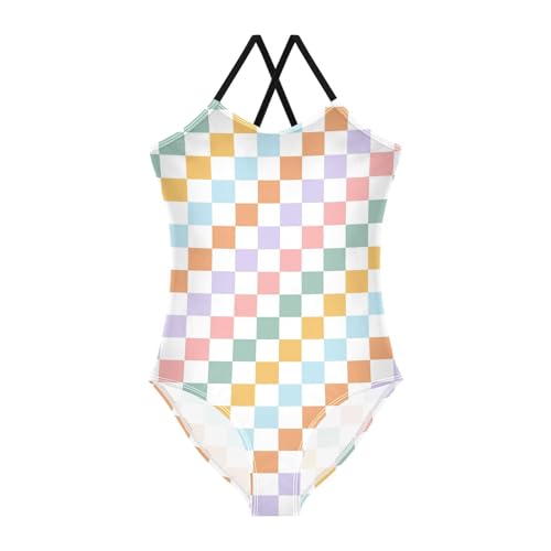 Image of Black and White Chess Girls One Piece Swimsuits Board Marble Tile Sport Halter Swimwear Beach Bathing Suit 3T