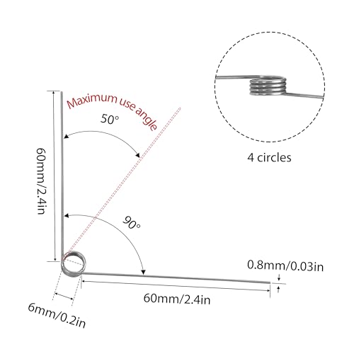 GUNGY Torsionsfeder Edelstahl Drehfeder Drahtdurchmesser 0,8 mm Innendurchmesser 6 mm Armlänge 60 mm 90° 4 Runden Maximaler Einsatzwinkel 50° Rechtsdrehend Größe 0,8x6x60 mm