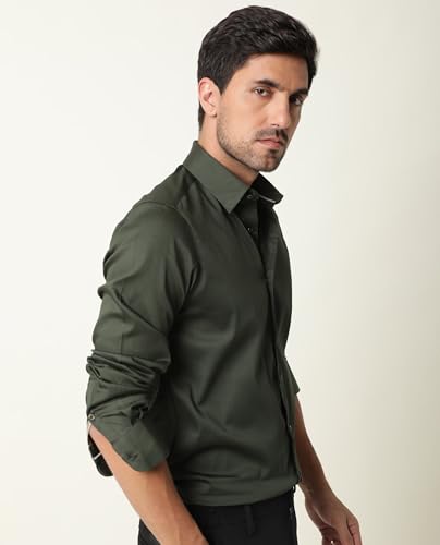 Image of Rare Rabbit Men Regular Fit Solid Beige Satin Long Sleeve Button Shirt
