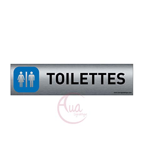 AUA SIGNALETIQUE - Plaque de porte Aluminium brossé imprimé AluSign - 200x50 mm - Double Face adhésif au dos - Impression UV directement sur l'aluminium (Pas de contre collage) (Toilettes H/F)