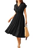 GRACE KARIN Women V Neck Dresses Linen High Waist Batwing Sleeve Smocked Swing Summer Dress with Pockets Black L