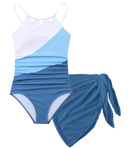 Image of Girls Swimsuit One-Piece Bathing Suit with Mesh Cover Ups Adjustable Straps Cut Out Swimwear Size 7-16