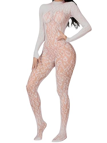 Womens Lace Leopard Jumpsuit Rave Outfits For Women Fishnet Bodysuit Lingerie Mesh Bodystocking