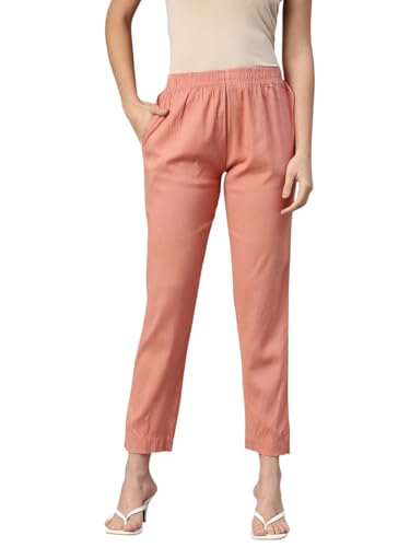 Image of MINELLI Women Solid Cigar Pants, Cotton Lycra Slub Fabric, Elasticated Waistband, Pull On Style, Regular Fit Bottom Wear for Western and Ethnic Wear