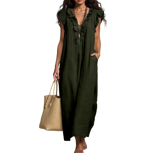 Robe d'été pour femme de créateur col en V chic et manches volantées Robe longue ample Vert XXL