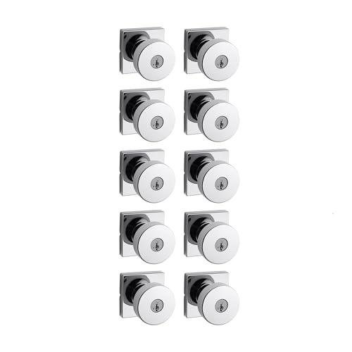 Image of Kwikset Pismo Entry Door Knob with Lock and Key, Secure Keyed Handle Exterior, Front Entrance and Bedroom, Polished Chrome, 10 Pack, Pick Resistant SmartKey Rekey Security