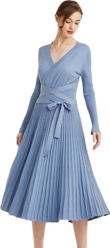 RanRui Womens Winter Fall Pleated Knitted Fit and Flare Long Sleeve Sweater Dress