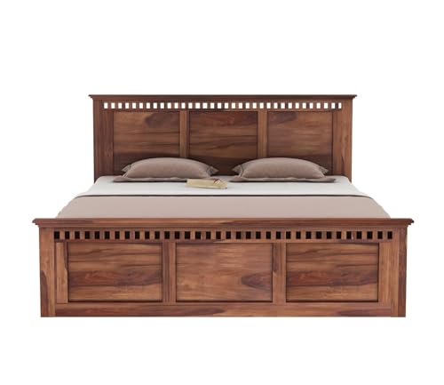Image of Solid Sheesham Wood King Size Bed with Box Storage for Bedroom Furniture Wooden Double Bed Cot Beds Palang for Living Room Home and Hotels (Brown Finish)