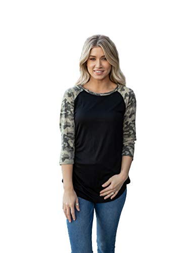 Tickled Teal Women's Super Soft Black Camo Pattern Raglan Top Blouse (Black, 3X)