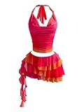 SOLY HUX Women's 2 Piece Skirt Sets Ombre Draped Ruched Halter Crop Tops and Ruffle Mini Skirt Summer Outfits Multicolor Medium