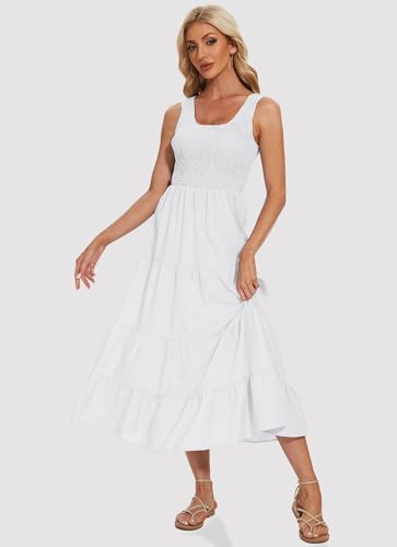 Image of Women's Summer Smocked Maxi Dresses Sleeveless U Neck Ruffle Hem Tiered A Line Flowy Dress